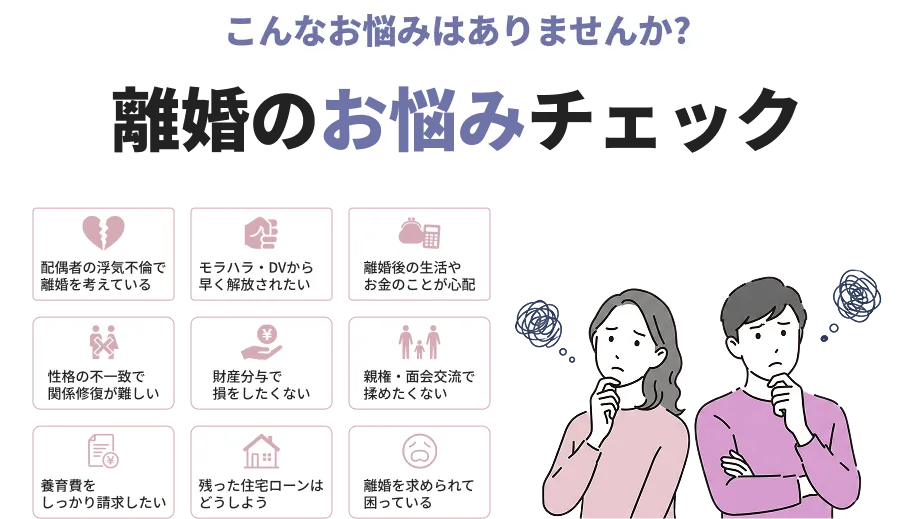 離婚のお悩みチェック、配偶者の浮気・不倫で離婚を考えている、モラハラ・DVから早く解放されたい、離婚後の生活費やお金のことが心配、性格の不一致で関係修復が難しい、財産分与で損をしたくない、親権・面会交流で揉めたくない、養育費をしっかり請求したい、残っている住宅ローンはどうしよう